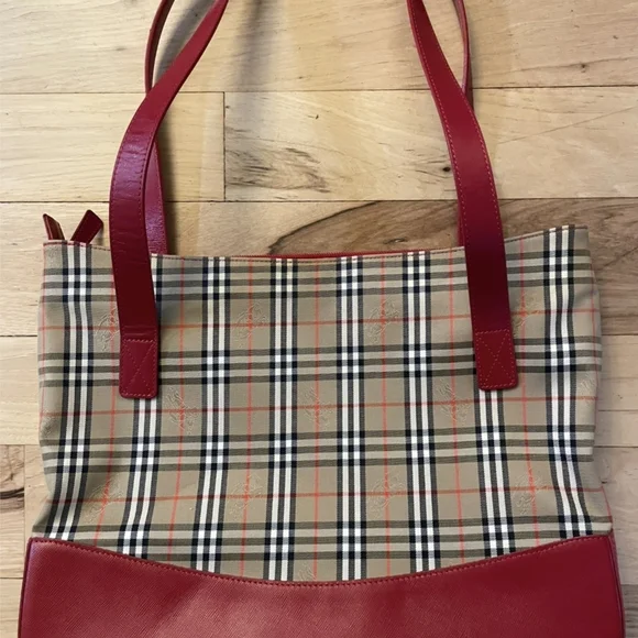 Vintage Burberrys Nova Check Tote Red Leather Trim - Picture 6 of 11